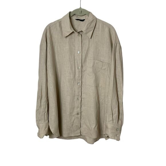Zara Oversized Linen Blend Shirt Womens Medium Long Sleeve Beige Button Down Top - Picture 2 of 12